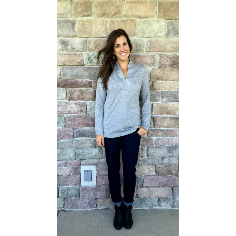 Cabi Placket Tee Size S V-Neck Long Sleeve Pullover Tunic Flecked Heather Gray